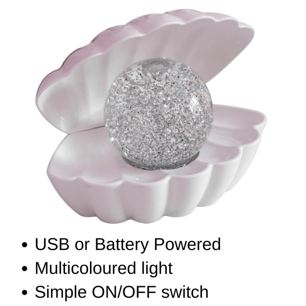 White Pearl Colour Changing LED Clam Lamp with Glitter Pearl - Image 3