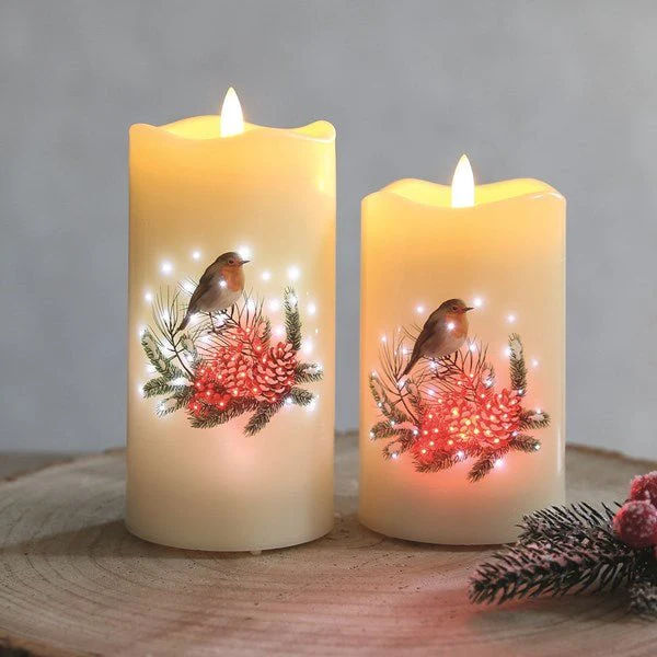 LED Robin Pillar Candle – 7.5 x 15cm - Image 2