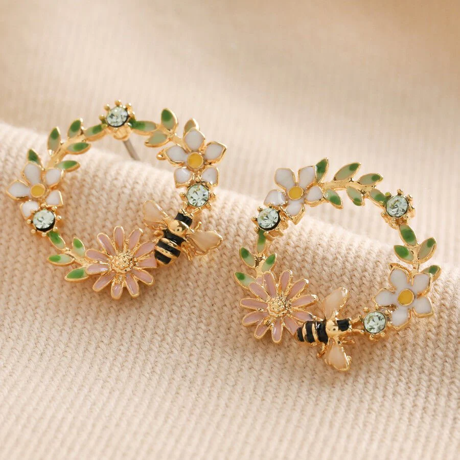 Lisa Angel Crystal Flower and Enamel Bee Stud Earrings – Gold