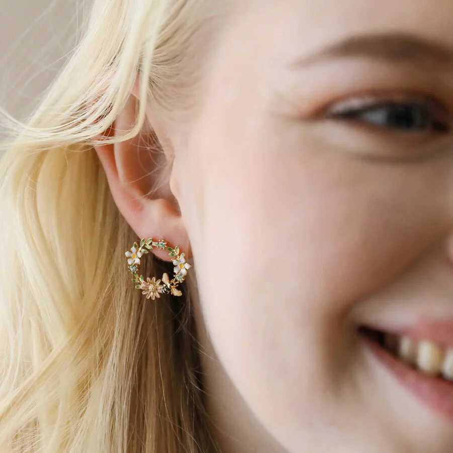 Lisa Angel Crystal Flower and Enamel Bee Stud Earrings – Gold - Image 2
